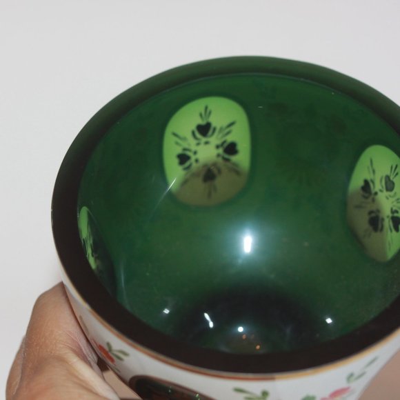 Czech Bohemian Glass Green Cased to White Small Bowl Hand Painted LOT 8155 - Picture 7 of 7